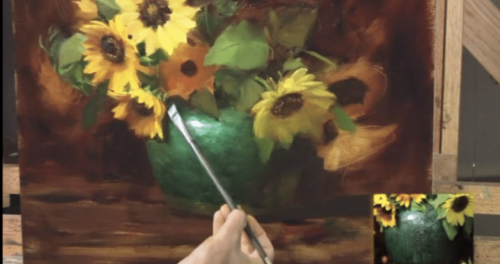 Elizabeth Robbins sunflowers and jade oil painting