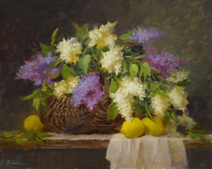 Elizabeth Robbins oil painting still life lilacs and lemons